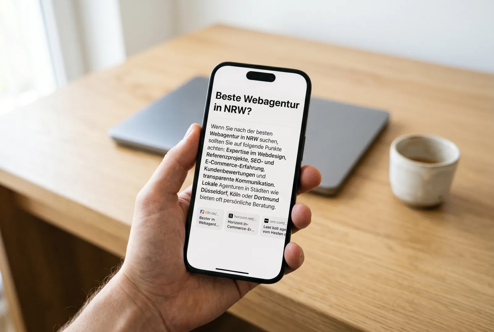 iPhone zeigt eine KI-Suchergebnis-Seite zu einer Webagentur